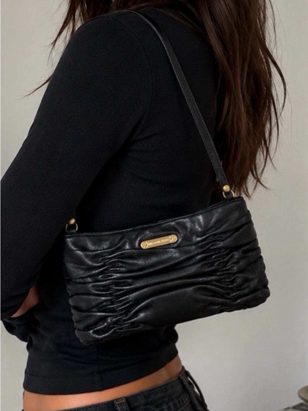 MICHAEL KORS Webster Leather Convertible Clutch Shoulder Bag Ruched